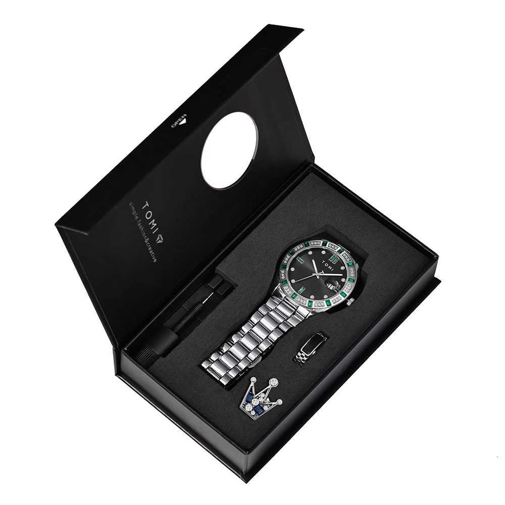 TOMI 4PCS Luxury Business Mens Watch Gift Box Set Luxury Diamond Case Calendar Stainless Steel Strap Quartz Watch Mens ClockT251104