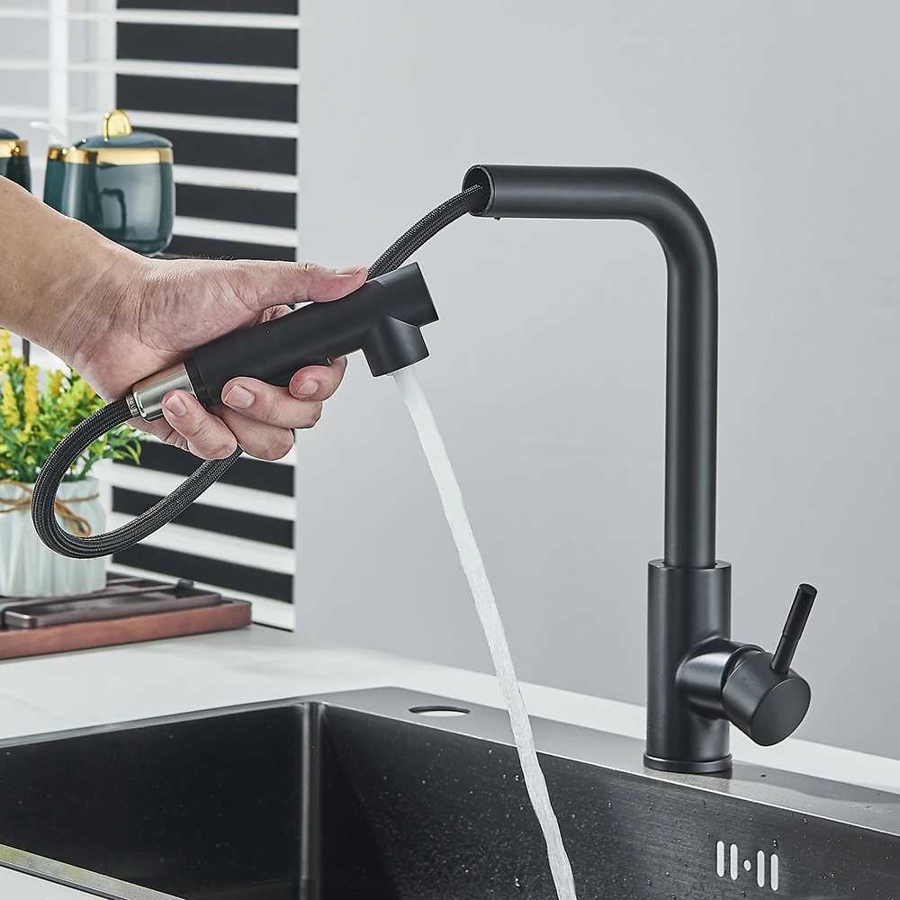 Rozin ible Gourmet Kitchen Faucet Black Pl Out 2 Ways Nozzle Faucets 360 Rotation Hot Cold Water Sink Mixer Tap SUS304 Y251104