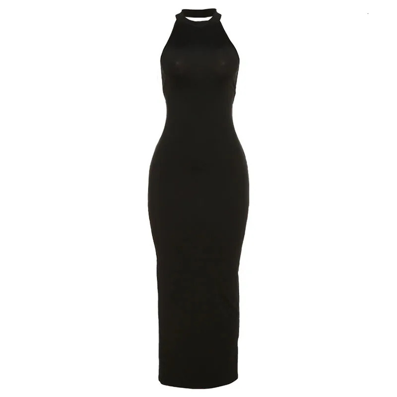 American Pure Desire Style Sexy Open Back Tie Waist Hanging Neck Split Long Wrapped Hip Dress 250403