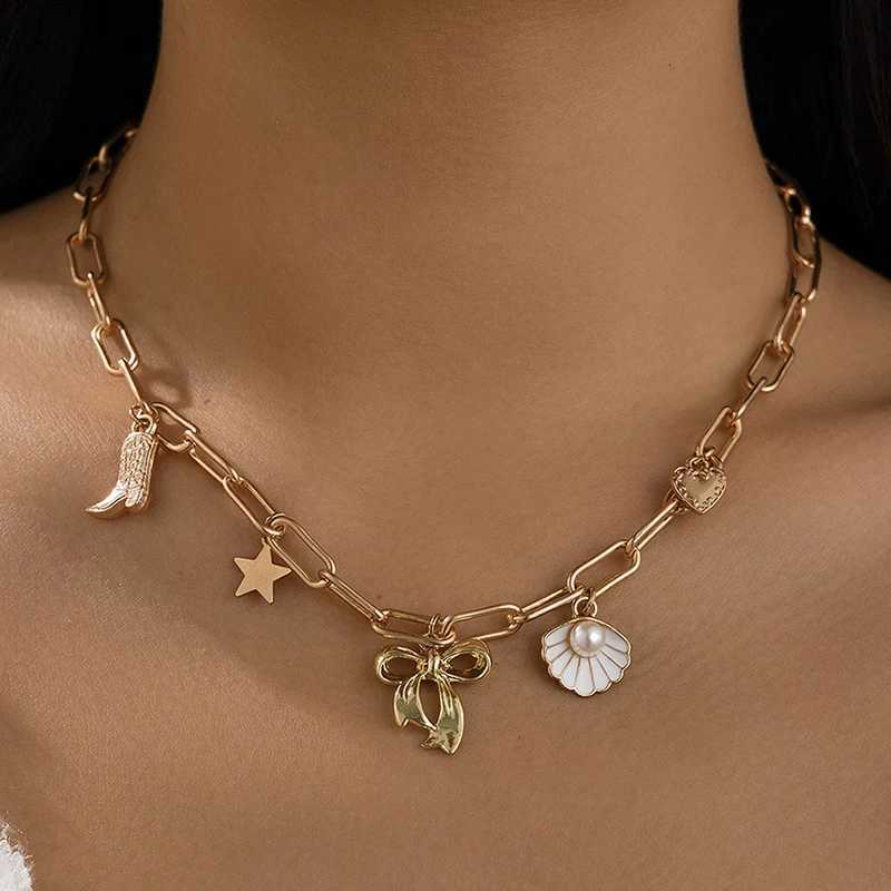 Exquisite Charms Pearl Pendant Necklace for Women Stainless Steel Gold Color Bow Charm Choker Conch Shell Fashion Jewelry GiftsXJ251104