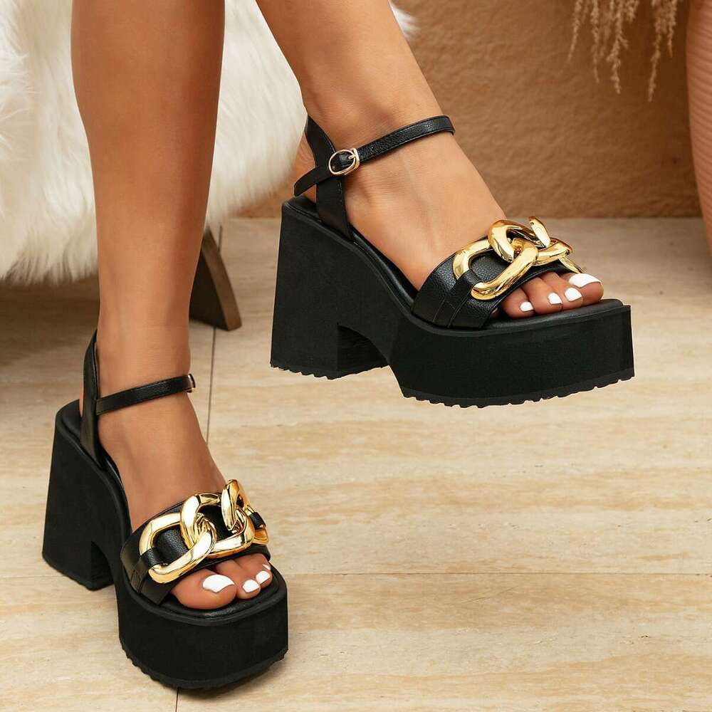 Spring/Summer New Slope Thick Sole Fashion Large Heel Gold Chain Buckle Women's Sandals