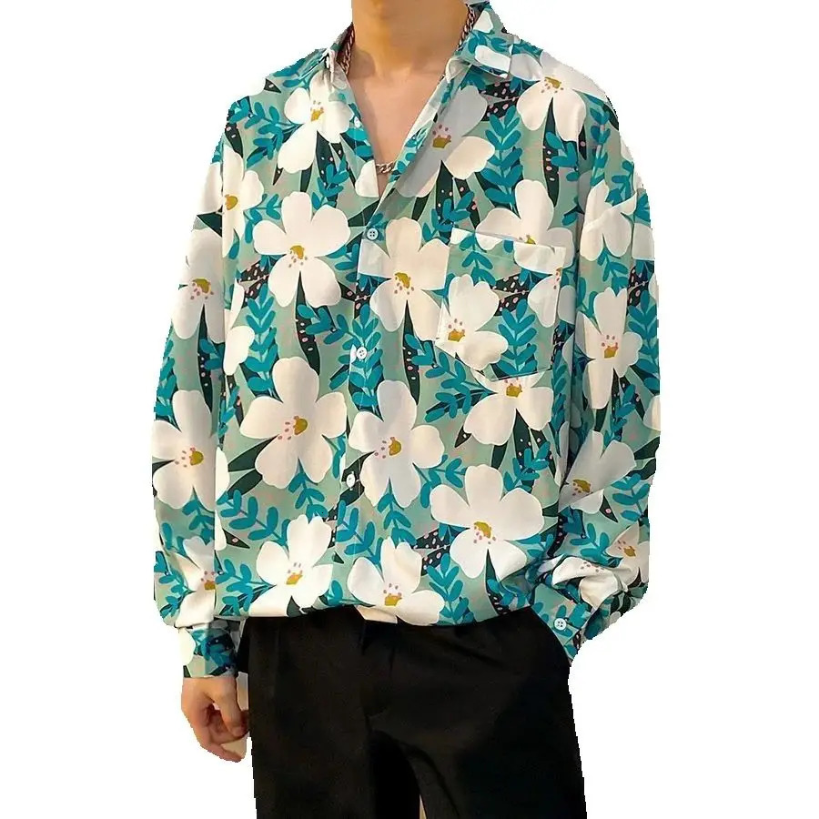 Mens long sleeved Hawaiian shirt Y2K summer print button up beach shirt mens streetwear mens fashionable casual shirt top 250403