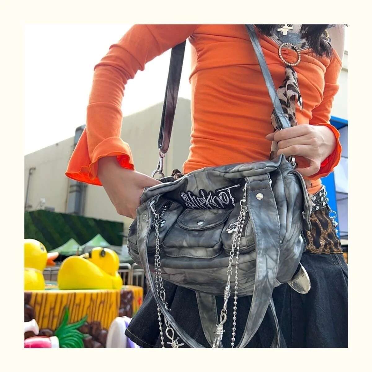 Women's Grey Y2k Shoulder Bags Designer Gothic Tote Bag Motor Style Hot Girls Chain Punk Handbag Multi-Pocket Haruku