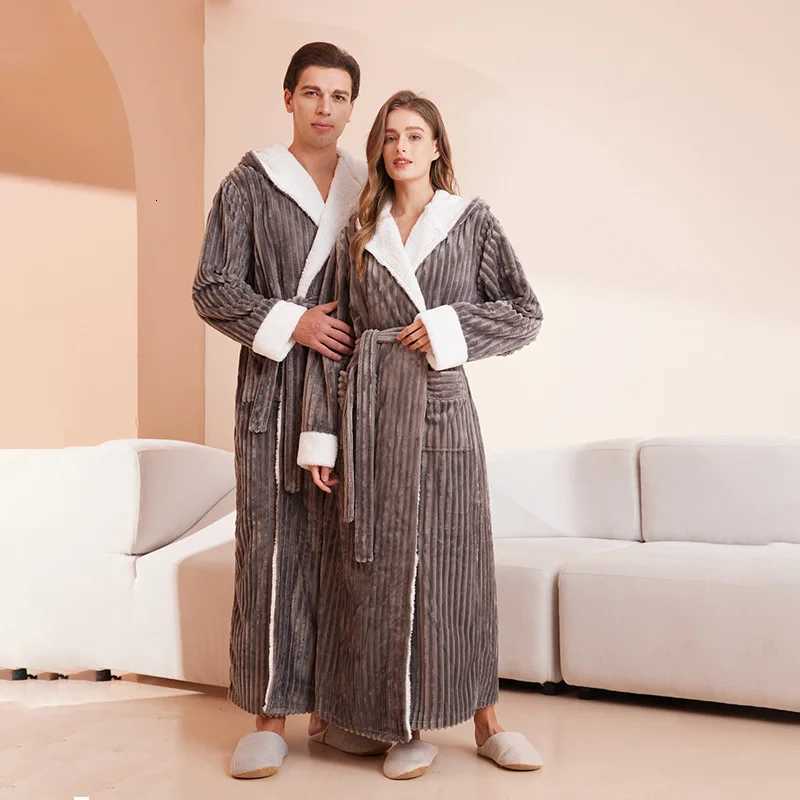 Women Winter Warm Robes Fluffy Fleece Dressing Gown Long Sleepwear Lounge Housecoat Flannel Stripe Hooded Bathrobe C251104