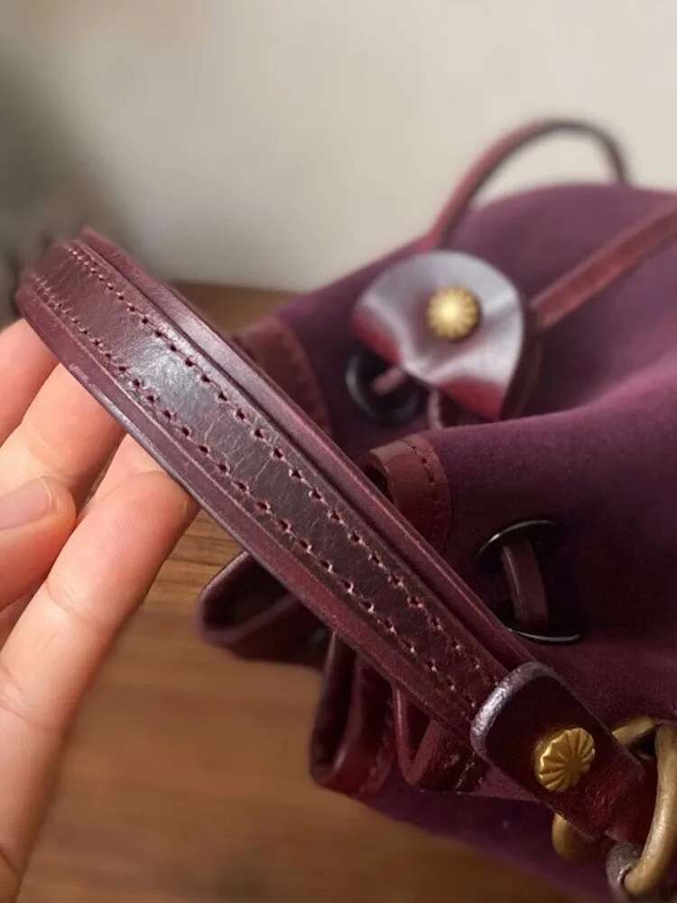 Vintage Handmade Women Cow Suede Leather Bucket Small String Shoulder Casual Totes Handbag Patchwork Strap Crossbody Bag