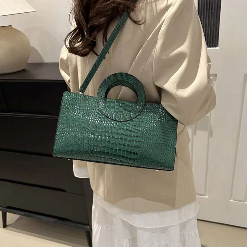 2025 New Women's Crocodile Pattern PU Leather Handbag Green Square Bag Fashion Brand Single Shoulder Crossbody Bag Designer Women's Trendy C