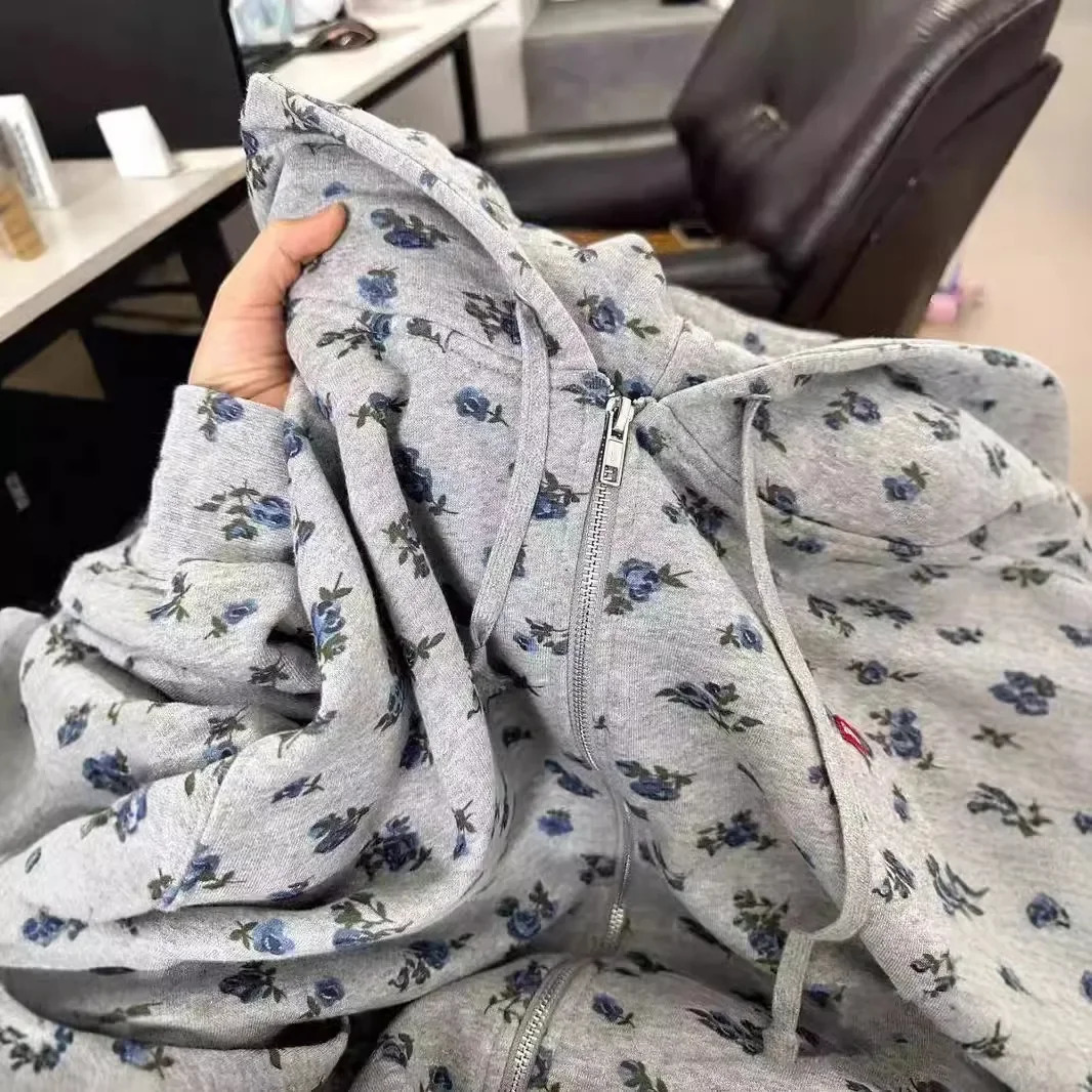 American Floral Print Hoodie Womens Thickened Lazy Style Oversize Cardigan Coat Trendy Spring Autumn Winter Loose Fit Sweatshir 250403