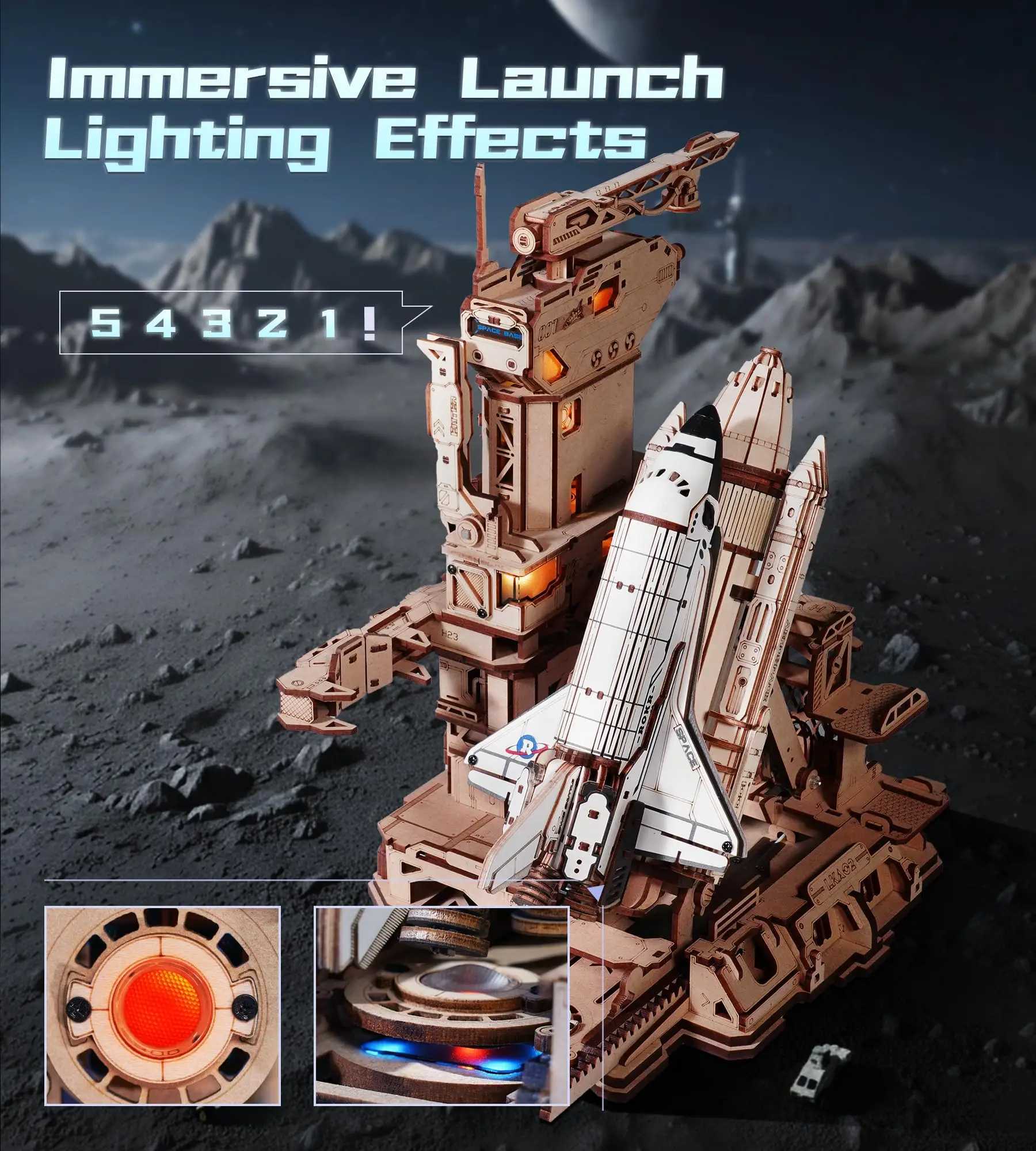 ROKR Space Shuttle 3D Wooden Puzzle Moving Rocket Launch Tower with Lights Mechanical Building Set STEM Project for Adults Teens C251104