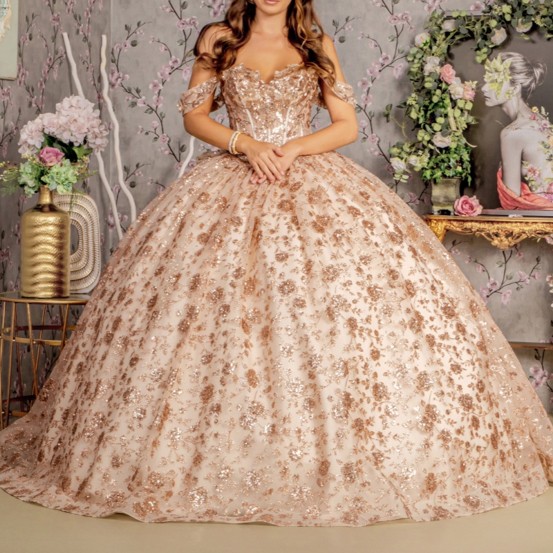 Rose Gold Shiny Princess Quinceanera Dresses Off The Shoulder Sequin Appliqued Lace Beads Tull Corset Sweet 16 Dress Ball Gown Vestidos 15 Anos
