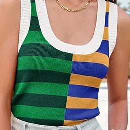 2025 Women's Sexy Tank Top Striped Color blocked New Ice Cool Silk Knitted Shirt Summer Short Sleeve
