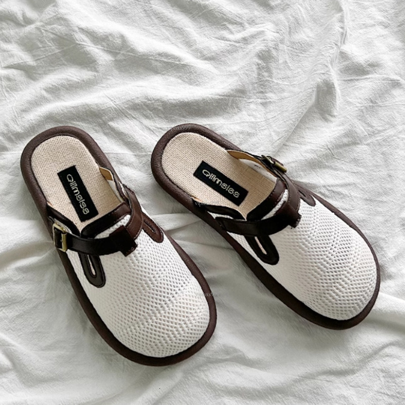 New designer sandals with free shipping Baotou Boken Half Slippers Women's Style One Step Stepping Hollow Breathable Cotton and Hemlock Mill Shoe