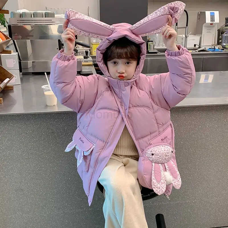Sanrio Girls Winter Down Jacket 2025 New Design Thickened Long Coat with Bunny Ears Kids Cotton Winterwear H251104