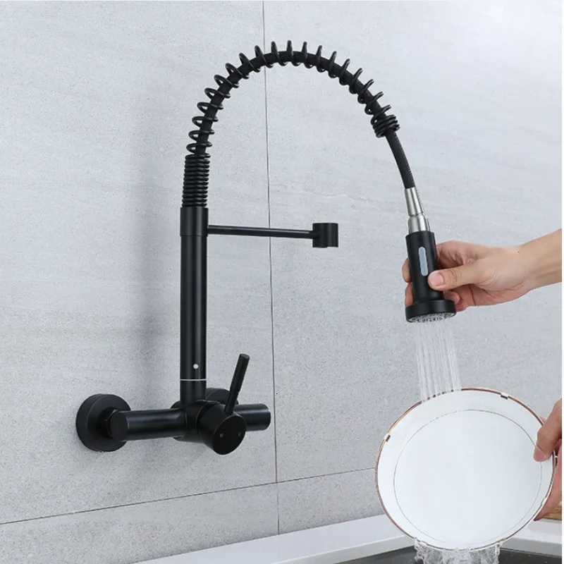 2 Mode Pl Down Stainless Steel Kitchen Faucet Wall Mounted Bathro Kitchen Sink Washbasin Cold Hot Mixer 360 Degree Tap Y251104