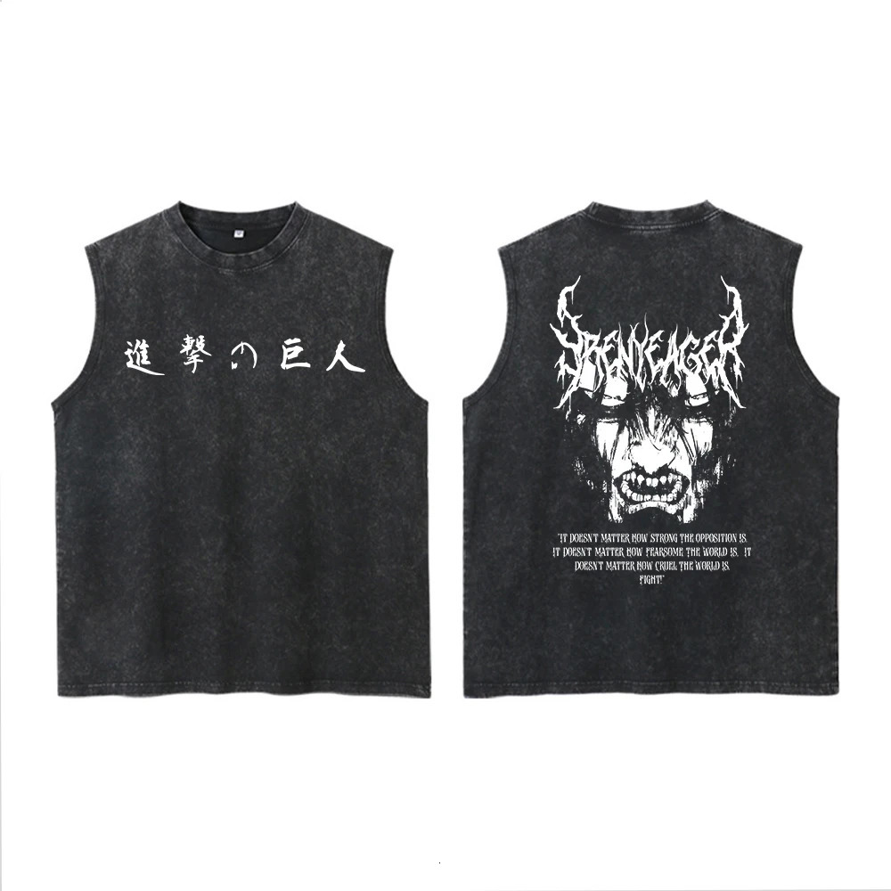 Attack on Titan Anime Acid Washed Printed Vest 100% Cotton Streetwear Tops Vintage Manga Fashion Oversized Vest for Men Unisex 250402