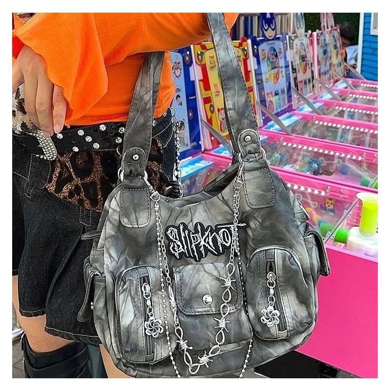 Women's Grey Y2k Shoulder Bags Designer Gothic Tote Bag Motor Style Hot Girls Chain Punk Handbag Multi-Pocket Haruku