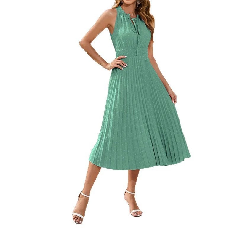 2025 Summer Fashion Round Neck Drawstring Strap Hundred Fold Medium Length Womens Dress