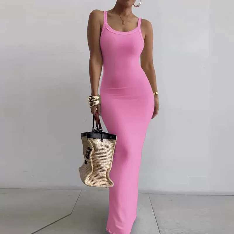 Casual Suspender Knitted Dress Women Slit Slim Design Long Dress Fashion Solid Color Strt Robe Dresses Vacation Wear 2024 New X2504031
