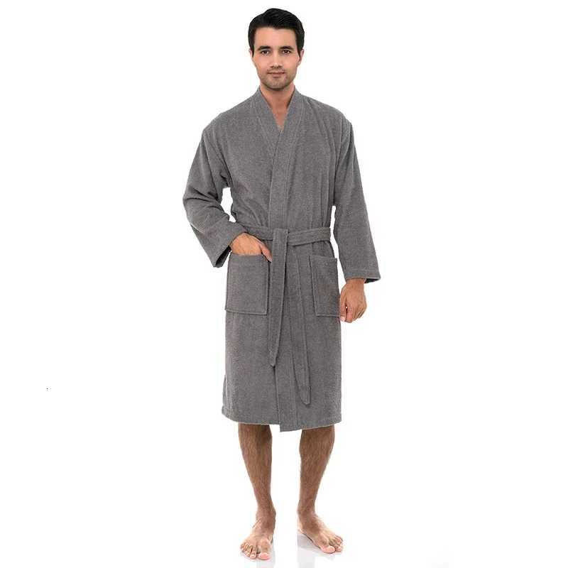 100 Cotton Mens Winter Bathrobe Solid Terry Homewear Pockets V Neck Length Robe Kimono With Sashes For Male 2024 C251104