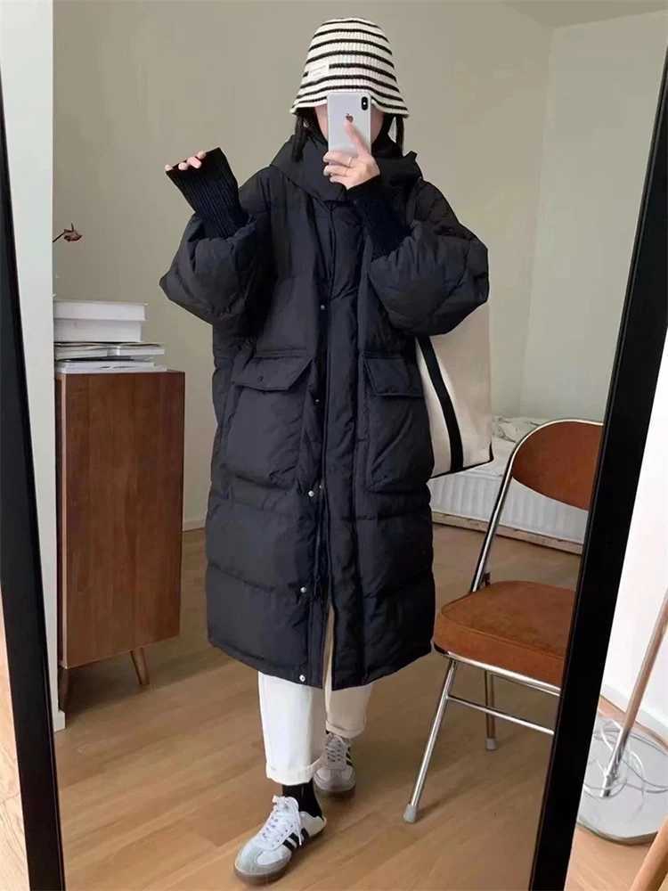 Winter Loose Warm Hooded Long Down Jacket Women White Duck Down Knee Length Down Jackets Female Big Pocket Thick Parker Outwears J251104