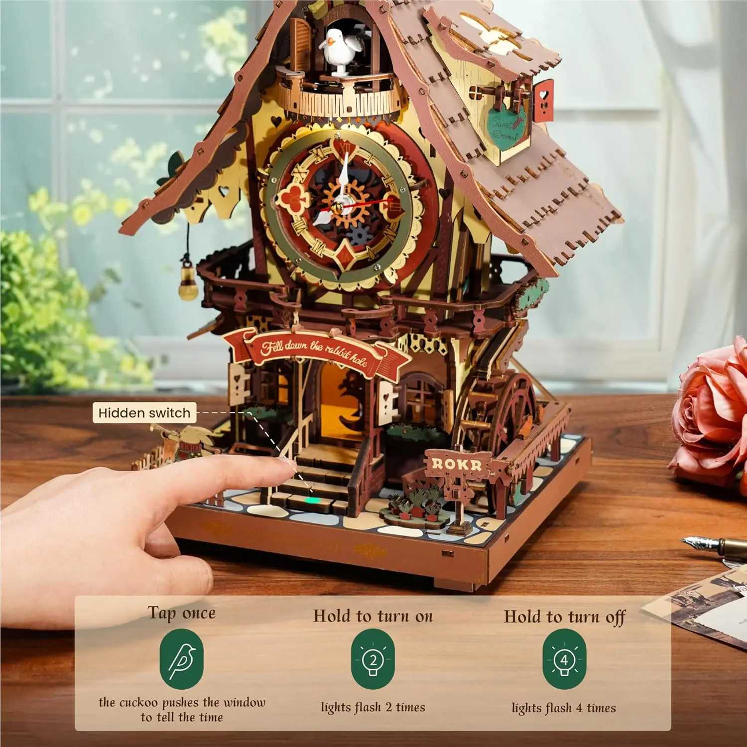 Robotime Rokr 3D Wooden Puzzle Cuckoo Clock Kit Black Forest Style with Working Bird DIY Clock Model Kit for Kids Adults Model C2511041
