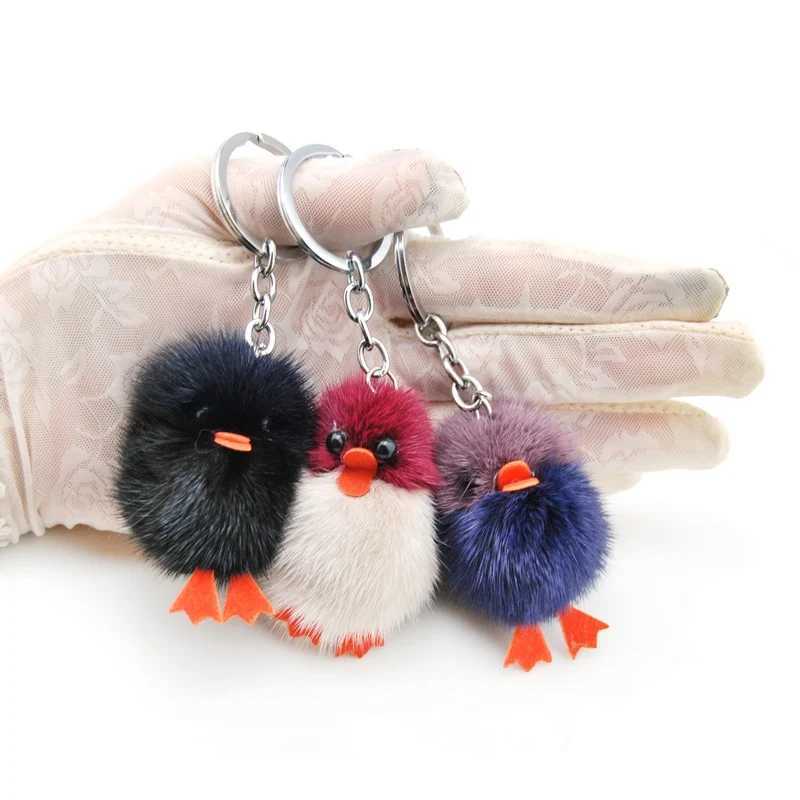 Cute Girl Fluffy Pom Duck Keychain Women Mink Fur Pompom Chick Key Chain On Bag Car Trinket Female Wedding Party Toys Gift C251104