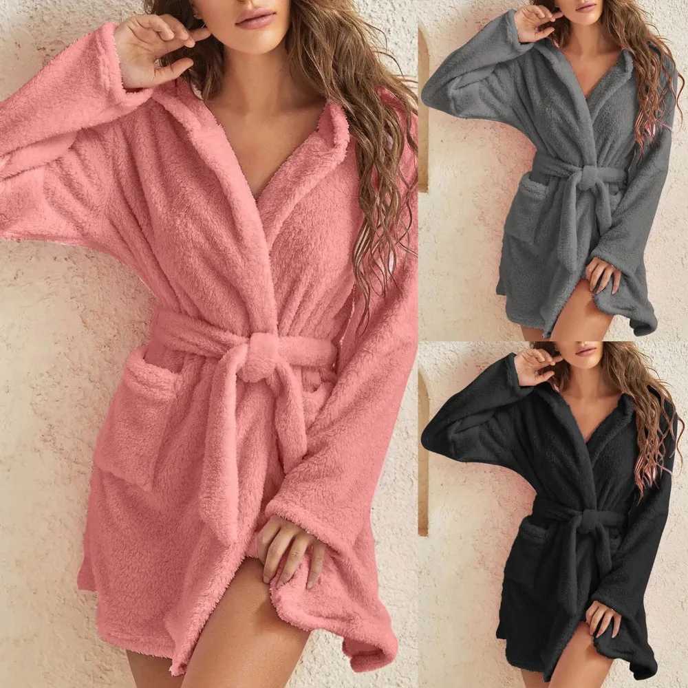 Thicken Fuzzy Robes Bathrobe Short Women Warm Hooded Robe Flannel Kimono Bath Robe Solid Dressing Velvet Sleepwear Bathrobes C251104