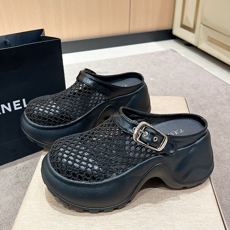 New Designer Sandals With Free Shipping Cool Women's 2025 Woven Baotou Half Slippers Sponge Cake Thick Sole Foot Stomping Hollow Slippers