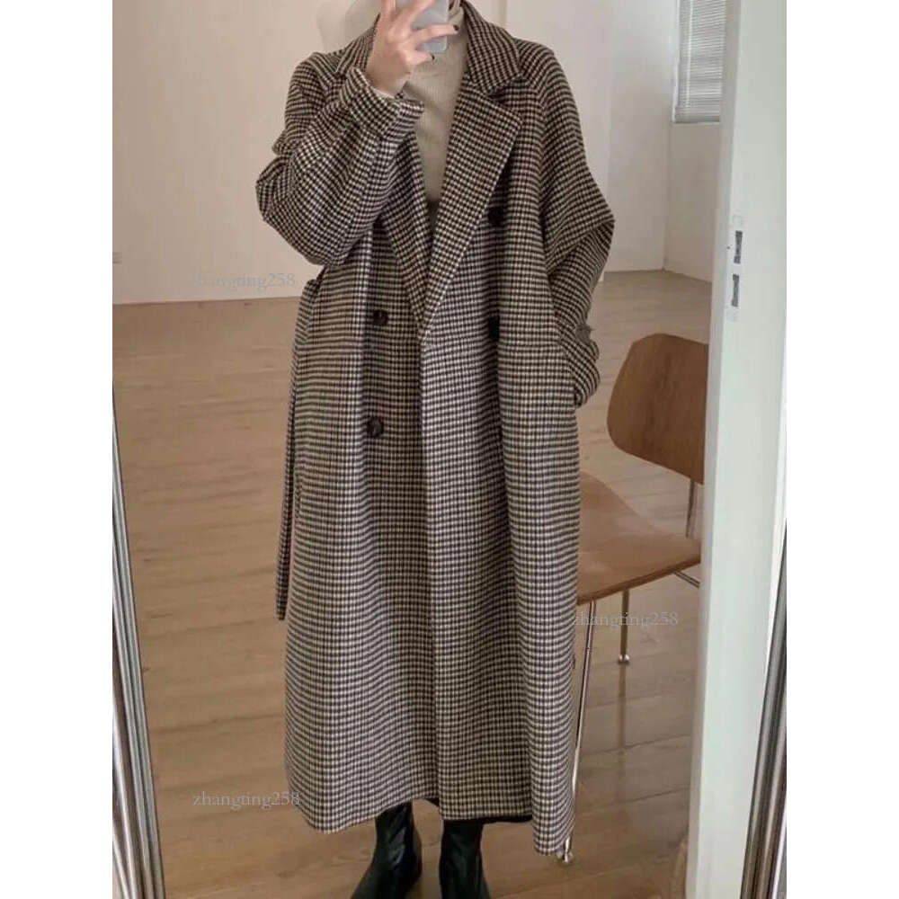 Women's Wool Blends Trench Coat for Women Tweed Wool Coat Korean Fashion Autumn Womens Winter Clothing Plaid Long Jacket Elegance Office Lady 230927