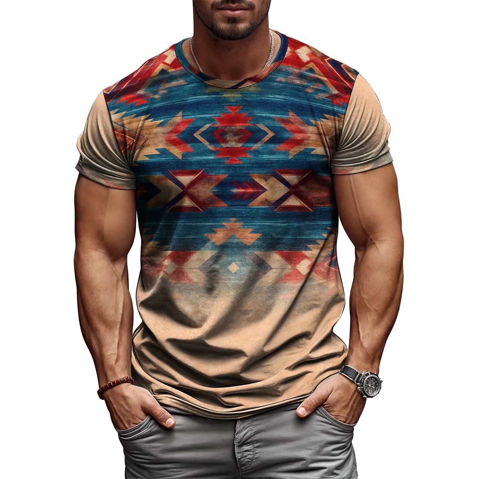 Mens retro T-shirt ethnic print short sleeved fashionable oil T-shirt bohemian style loose pattern suitable for daily wear W250403