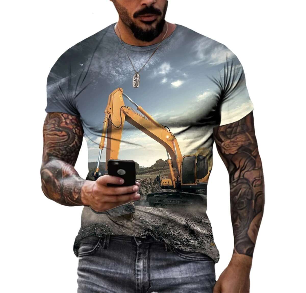 Summer Men's Personalized T-shirt nical Engineering Vehicle Graphics Excavator 3D Printing Short Sleeve Casual Round Neck T