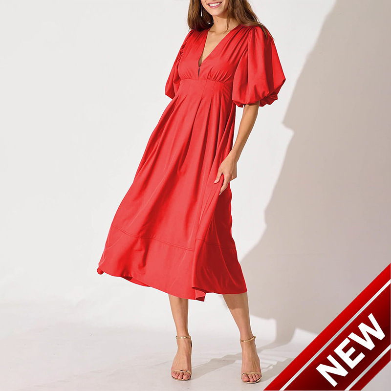 New 2025 Spring/Summer Womens Intelligent and Elegant V-neck Solid Color Dress