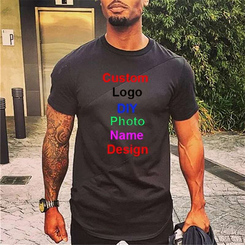 Customized DIY Brand Mens Extended Short Sleeve T-shirt Patchwork Gym Clothing Fiess T Shirt Men Muscle Sports Tshirt
