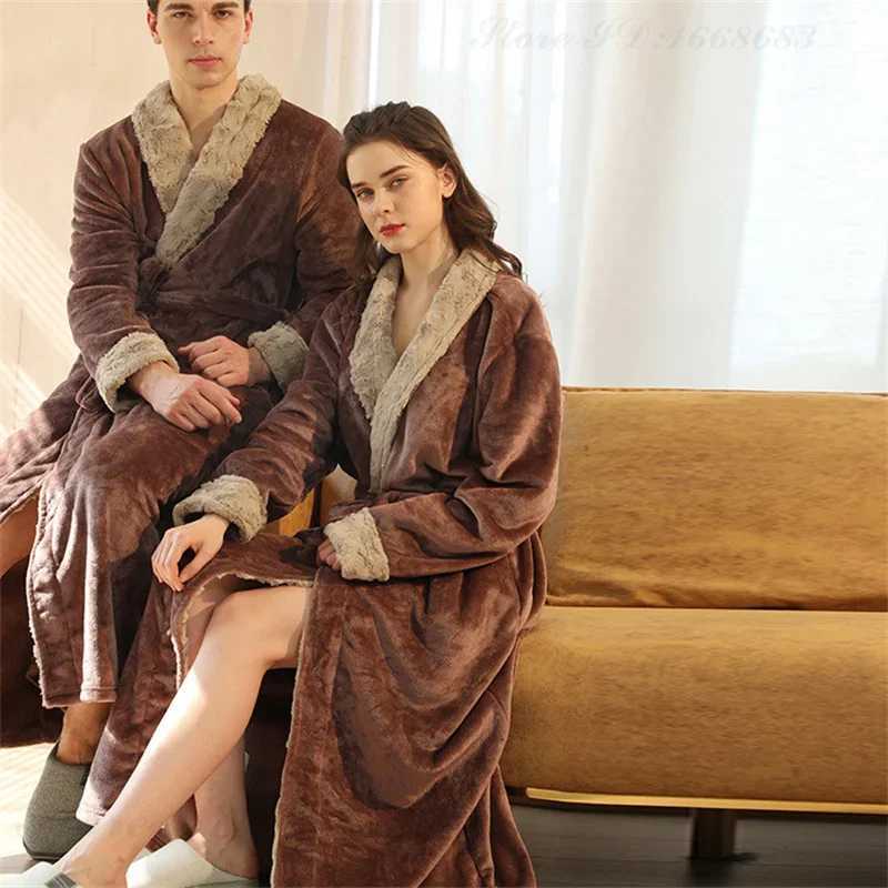 Coral Fleece Mens Long Robe Thicken Flannel Lounge Wear Couple Sleepwear Home Clothes Winter Loose Casual Bathrobe Nightwear C251104