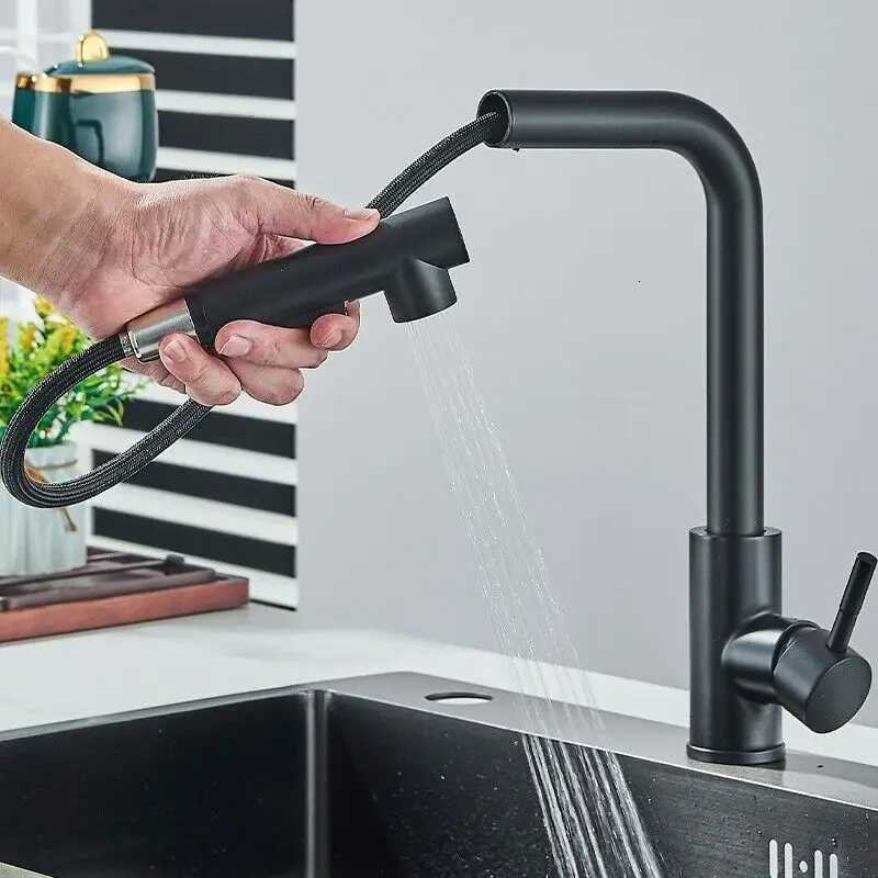 Matte Black Pl Out Kitchen Sink Faucet Two Model Stream Sprayer Nozzle Stainless Steel Hot Cold Wate Mixer Tap Deck Y251104