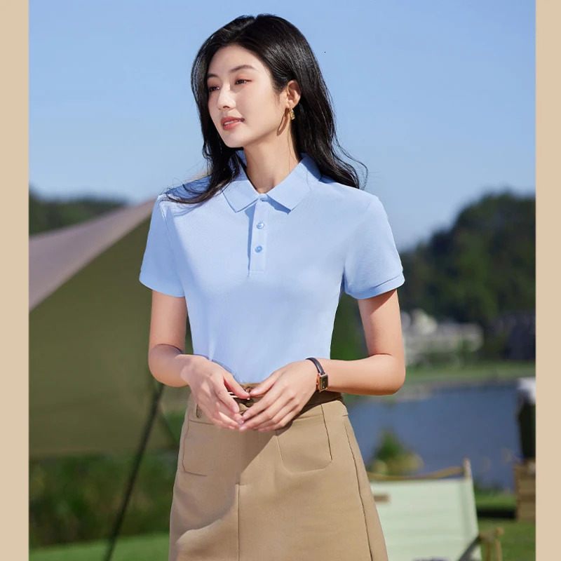 Summer Business Casual Polo Shirt Women Mesh Ice Silk Breathable Short Sleeve Womens Shirt Collar Solid T Shirt Women Clothing 250403