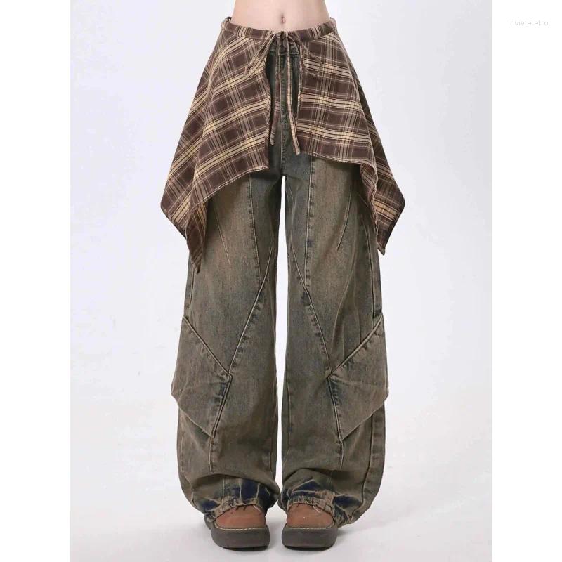 Women's Jeans Women Blue Y2k With Skirt Harajuku Vintage Baggy Denim Trousers Japanese 2000s Style Oversize Jean Long Pants Clothes Z260313