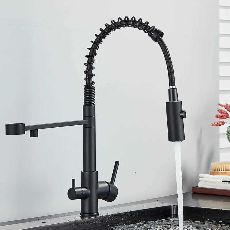 Black Filtered Kitchen Water Filter Kitchen Faucets Dual Spout Filter Faucet Mixer Water ification Water Crane For Kitchen Y251104