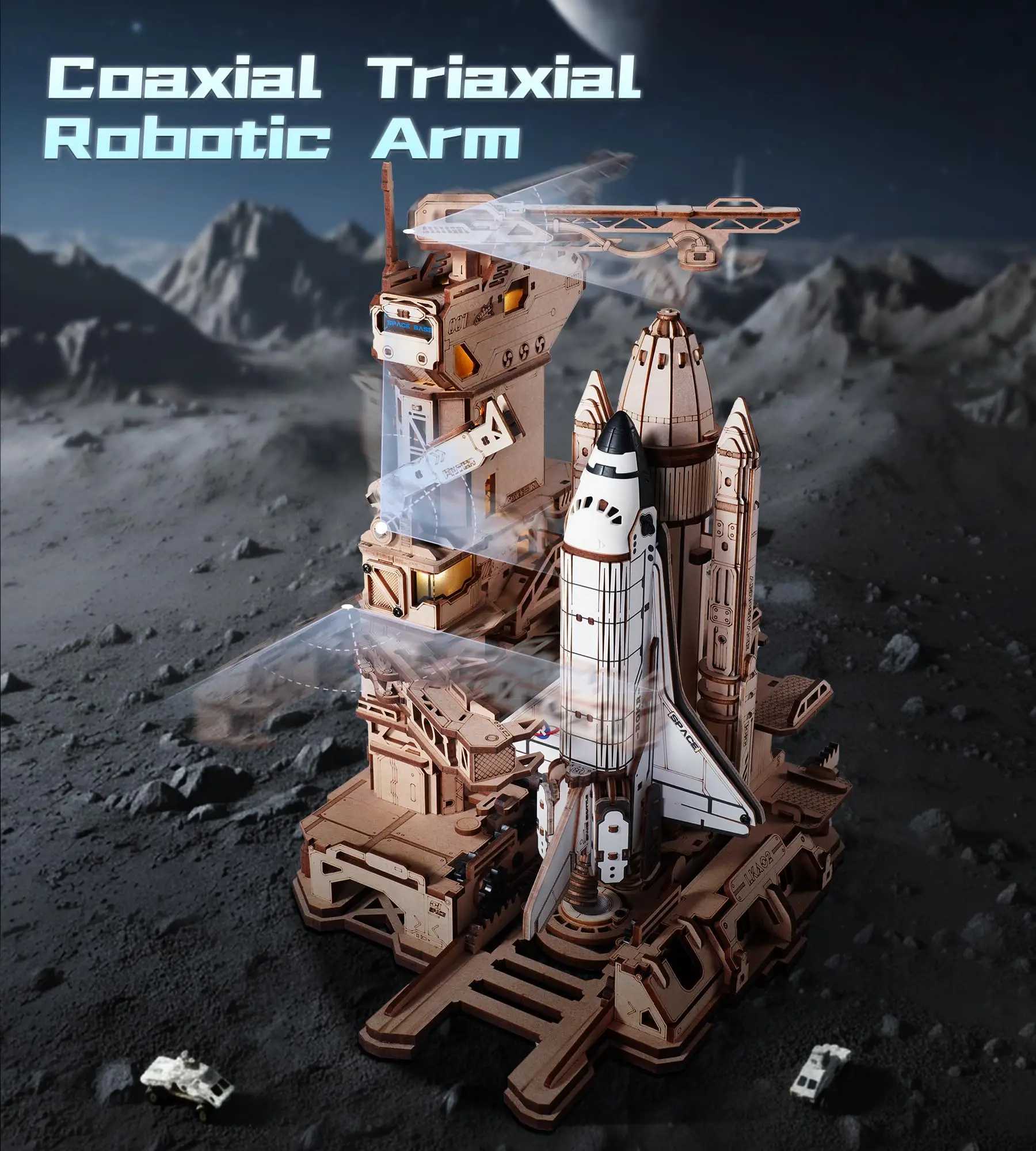ROKR Space Shuttle 3D Wooden Puzzle Moving Rocket Launch Tower with Lights Mechanical Building Set STEM Project for Adults Teens C251104
