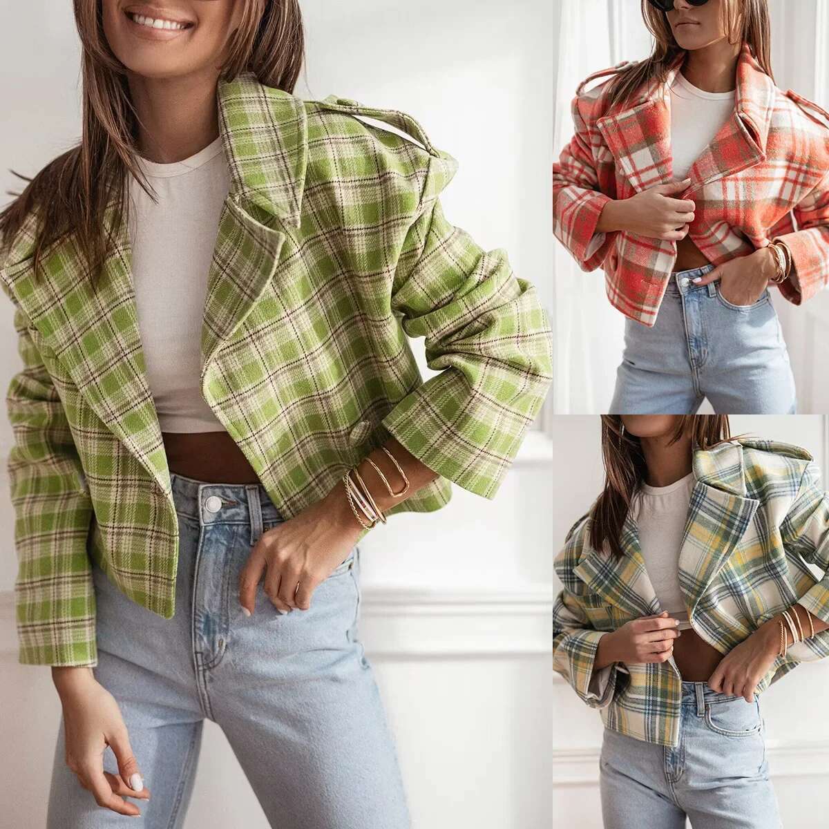 Fashionable British Style Plaid Print Woolen Mini Jacket For Women Polyester Fiber No Collar Other Patterns Origin China