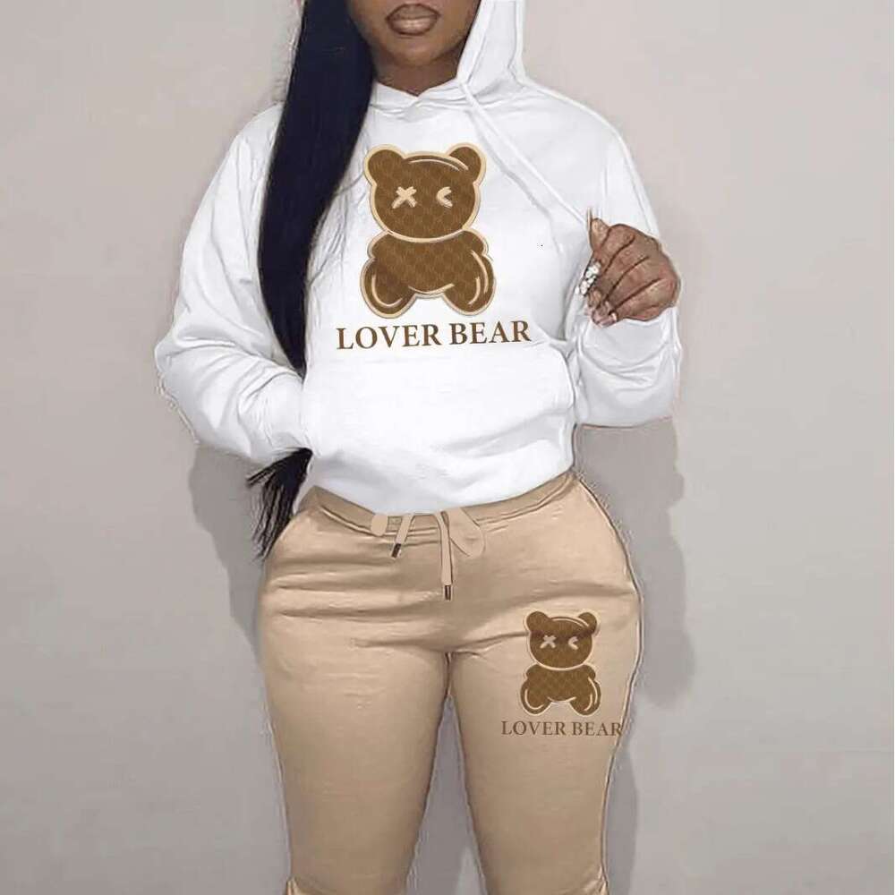 New casual hooded sweatshirt set with trendy bear head printed sweatpants set, European size sweatshirt, 2025 new style, chic and elegant clothing