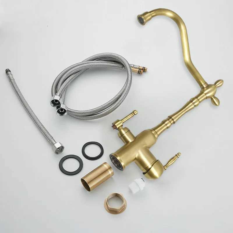 Brass antique light luxury three-in-one e water faucet household sink wash basin hot and cold water faucet splash-proof E1489 Y251104