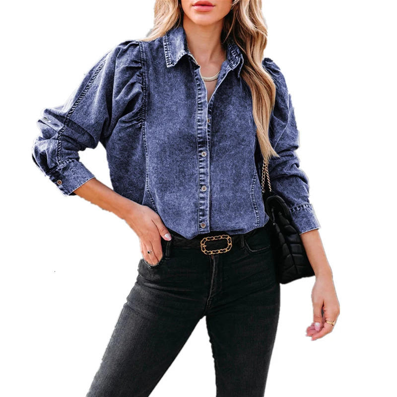 Girl Blouse Puff Long Sleeve Boho Denim Shirts Women Tops Vintage Cotton Blusas Casual Spring Autumn Loose Cowboy Shirt 250325
