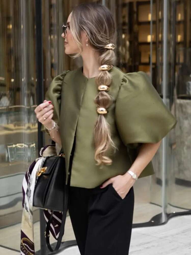 Satin Puffed Sleeves Short Top Loose Bubble Sleeved Round Neck Shirts Solid Color Female Blouse Spring Summer Women's Clothing