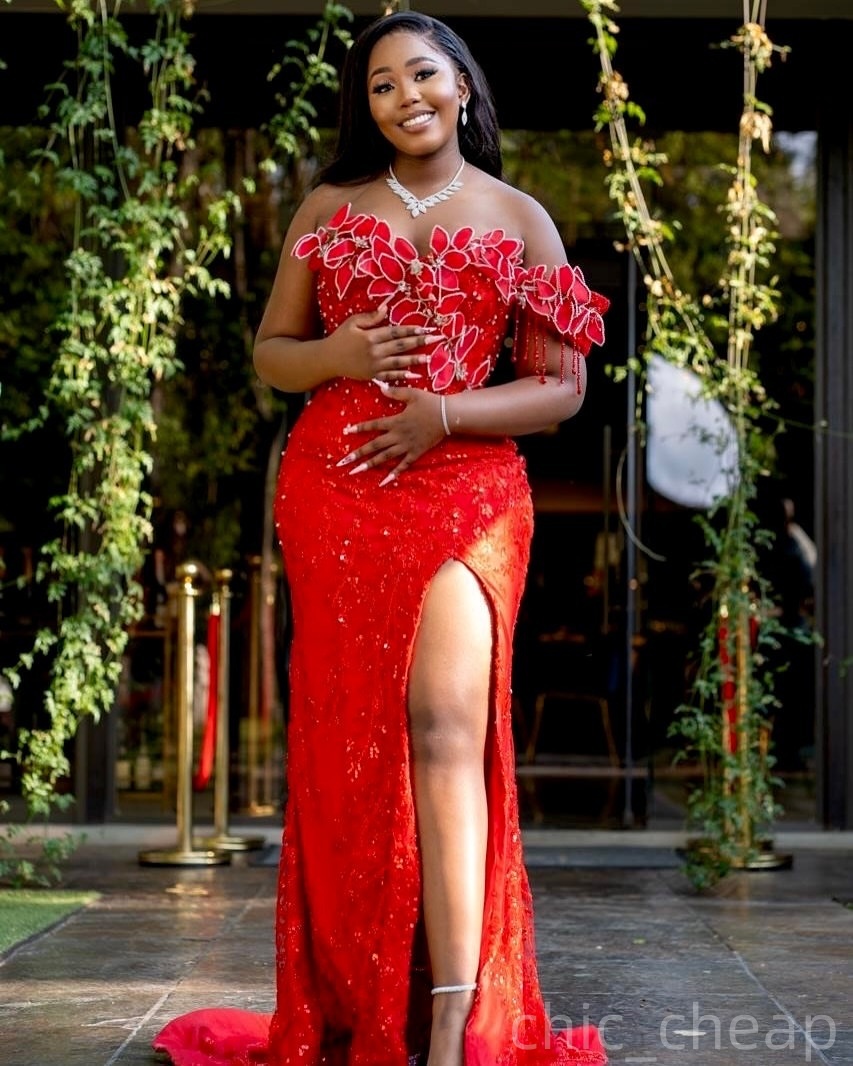 Red Mermaid Prom Dresses 2026 Florals Crystals High Split Sequined Evening Formal Party Second Birthday Engagement Gowns Plus Size Dress For Special O