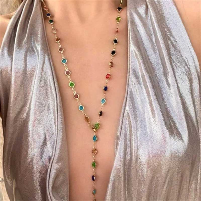 Bohemian Colorful Glass Long Y-Shaped Necklace Metal Collarbone Chain Gold Silver Color Summer Holiday Party Body Jewelry GiftsXJ251104