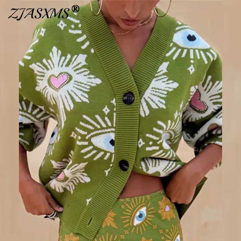 Vintage Geometric Print Sweater Cardigan Woman Elegant Single Breasted V Neck Jacket Autumn Long Sleeve Loose Knitwear Top Mujer J251103