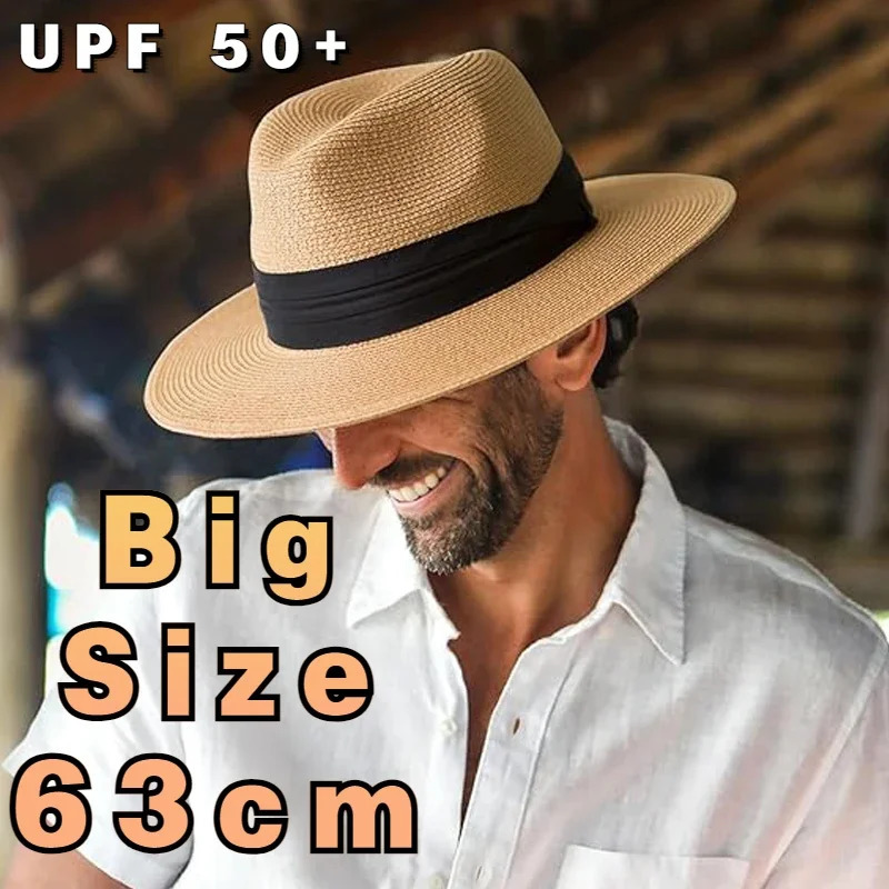 XL Big Head 63CM Summer Beach Woven Sun Hats Men Women Plus Size Jazz UV UPF 50 Sun Protection Travel Panaman Straw Hats Unisex 250326