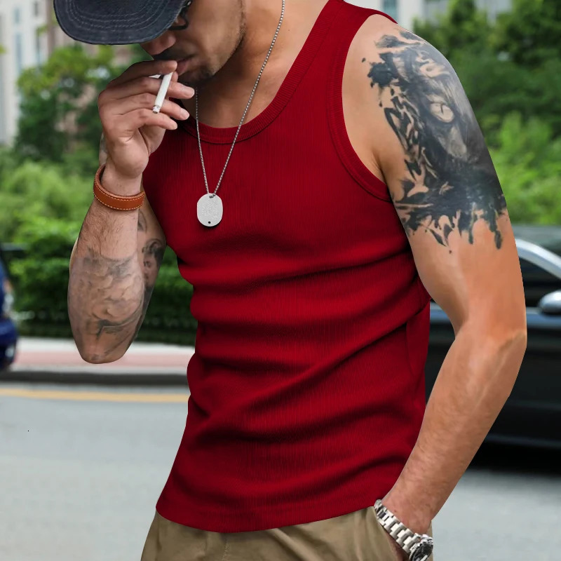 Summer Sports Vest Mens Solid Color Sleeveless Sweat Absorbent Breathable Training Clothing Tough Mens Clothing 250402