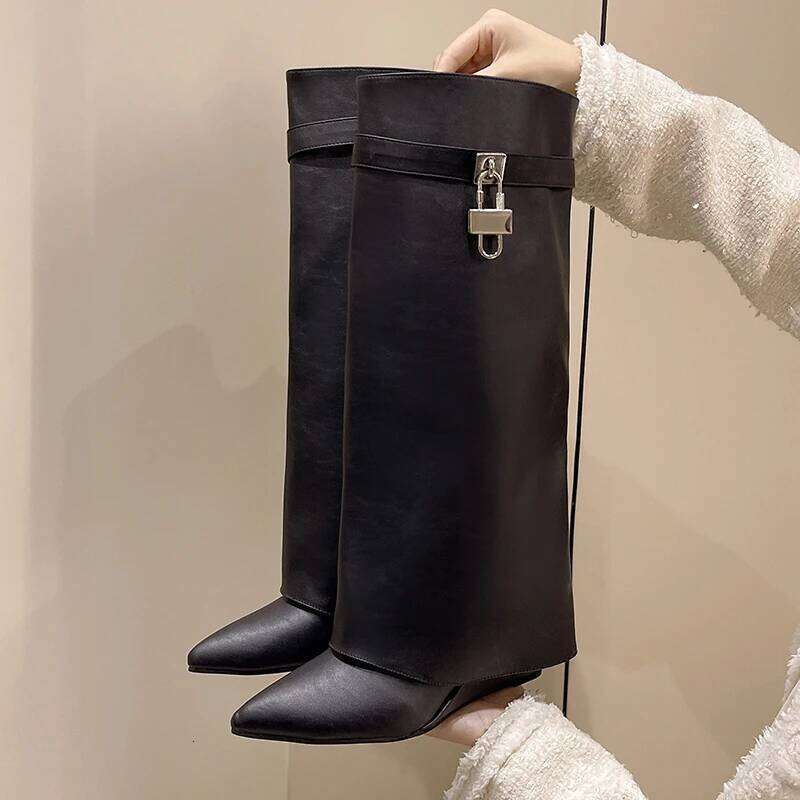 8cm Heel Wedges Soft Leather Pointed Toe Knee High Boots Women 2025 Autumn Fashion Shoes Street Style Mordern Long Botas Mujer