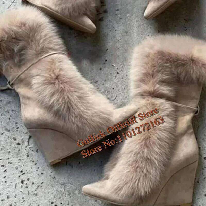 Newest Fur Tassels Woman Wedge Sexy Pointed Toe Beige Brown White Suede Winter Warm Wedged Heels Mid-Calf Boots